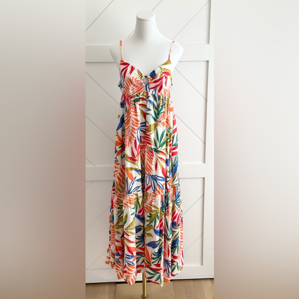 Multi color palm print flowy midi dress